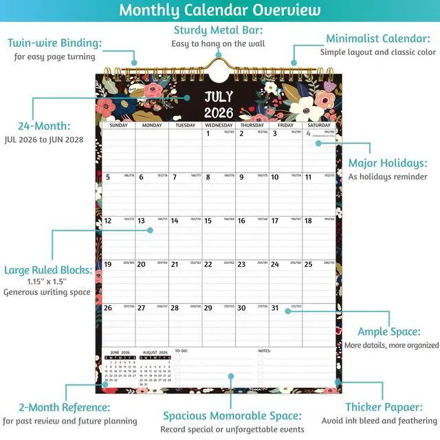 Alt view image 3 of 7 - Wall Calendar 2026-2028 2 Year Calendar 2026-2028, 8.5 x 11 In, Jul 2026 - Jun 2028, 24-Month Calendar, Small Monthly Calendar 2026-2026 Vertical, Ruled Blocks, Thick Paper, Holidays, To-do Notes