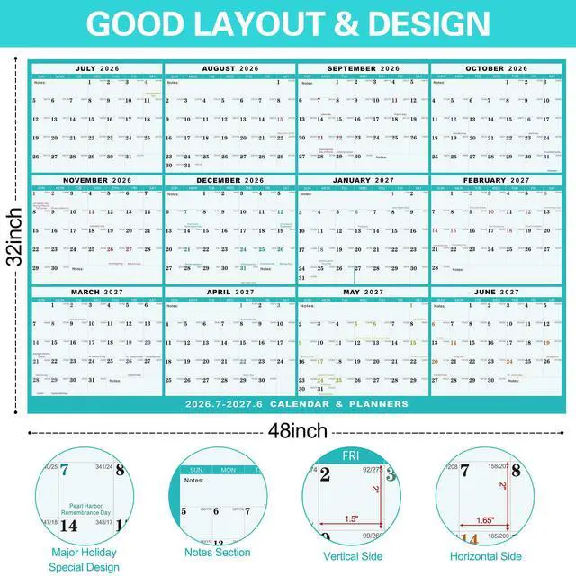 Alt view image 3 of 7 - 32"x48" Academic Wall Calendar 2026-2027, JUL 2026 - JUN 2027 12 Months Large Calendar, Erasable, Wet & Dry Erase Laminated, Vertical/Horizontal Reversible, Yearly Wall Planner with Julian Dates