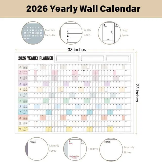 Alt view image 2 of 7 - Yearly Wall Calendar 2026, Paper Full Year Wall Calendar One Page, 365 Day Calendar at One Glance, 23"X 33", Paper Folded