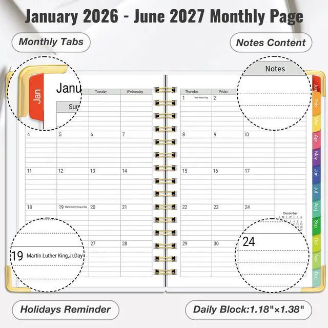 Alt view image 4 of 7 - Daily Planner 2026-2027, 18 Month Planner with Tabs, January 2026 - June 2027 Weekly and Monthly Academic Year Calendar Spiral Time Management, 100GSM Thick Paper, Twin-Wire Binding, A5 Size