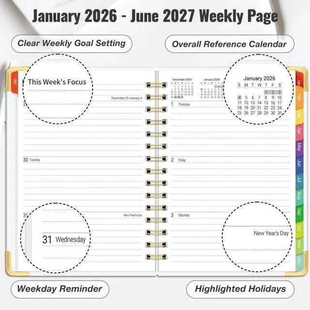 Alt view image 5 of 7 - Daily Planner 2026-2027, 18 Month Planner with Tabs, January 2026 - June 2027 Weekly and Monthly Academic Year Calendar Spiral Time Management, 100GSM Thick Paper, Twin-Wire Binding, A5 Size