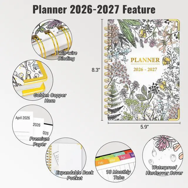 Alt view image 7 of 7 - Daily Planner 2026-2027, 18 Month Planner with Tabs, January 2026 - June 2027 Weekly and Monthly Academic Year Calendar Spiral Time Management, 100GSM Thick Paper, Twin-Wire Binding, A5 Size