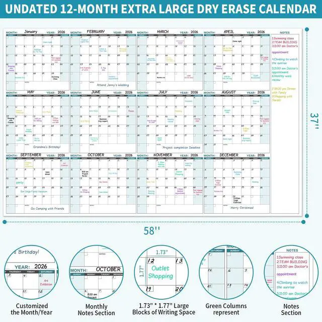 Alt view image 3 of 7 - Large Dry Erase Calendar for Wall Yearly Wall Calendar Dry Erase, 58" x 37", 12-Month Undated Blank Calendar Planner, Reusable Laminated with 15 Round Stickers, Perfect Large Wall Calendar