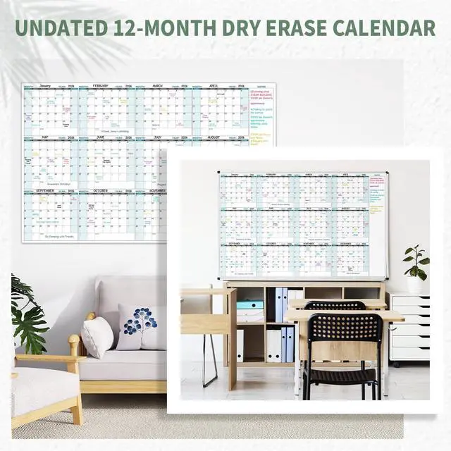 Alt view image 7 of 7 - Large Dry Erase Calendar for Wall Yearly Wall Calendar Dry Erase, 58" x 37", 12-Month Undated Blank Calendar Planner, Reusable Laminated with 15 Round Stickers, Perfect Large Wall Calendar
