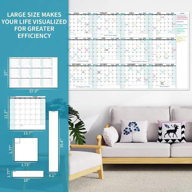 Alt view image 6 of 7 - Large Dry Erase Calendar for Wall Yearly Wall Calendar Dry Erase, 58" x 37", 12-Month Undated Blank Calendar Planner, Reusable Laminated with 15 Round Stickers, Perfect Large Wall Calendar