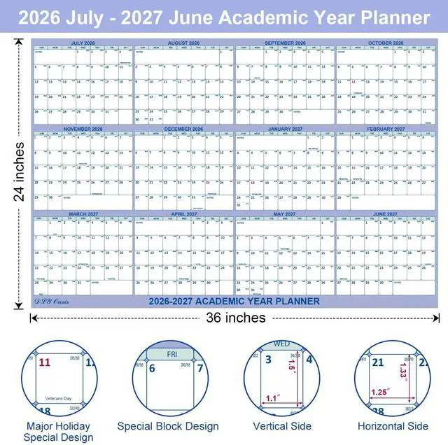 Alt view image 2 of 7 - 24" x 36" Academic Wall Calendar 2026-2027, July 2026 - June 2027 Folded Wet & Dry Erase, Large Wall Calendar 12 Month, Vertical/Horizontal Reversible, School Yearly Wall Planner with Julian Dates