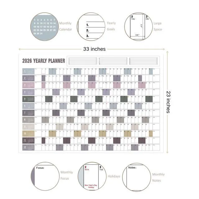 Alt view image 3 of 6 - Yearly Wall Calendar with Holidays, Full Year Calendar One Page, Annual Year Wall Calendar with Stickers, Horizontal, 23"X 33" (Open), Paper Folded