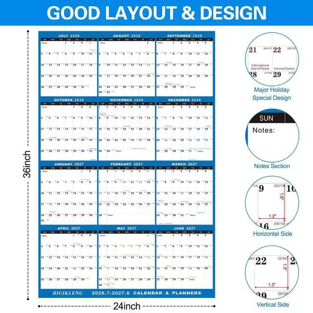 Alt view image 3 of 7 - 24"x36" Large Academic Wall Calendar 2026-2027, Jul 2026 - Jun 2027, 12 Months Reversible Yearly Planner, Wet & Dry Erase Laminated Erasable Large Calendar, Vertical/Horizontal Reversible