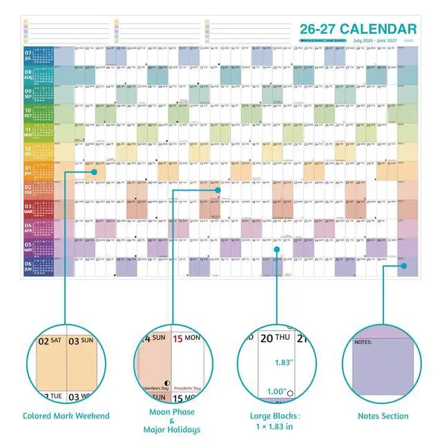 Alt view image 3 of 7 - Yearly Wall Calendar 2026-2027 - Large Yearly Calendar 2026-2027, Jul 2026 - Jun 2027, 38.2'' x 25.2'' (Open), 12 Months, Thick Yearly Wall Calendar with To-do Lists, Notes, Stickers, All At One Page