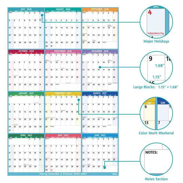 Alt view image 3 of 7 - Yearly Wall Calendar 2026-2027 - Large Yearly Calendar Vertical, Jul 2026 - Jun 2027, 25.2" x 38.2" (Open), Calendar 2026-2027, Large Wall Calendar, Full Year Paper Calendar with Notes, Thicker Paper