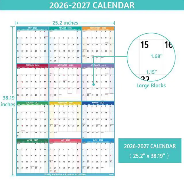 Alt view image 4 of 7 - Yearly Wall Calendar 2026-2027 - Large Yearly Calendar Vertical, Jul 2026 - Jun 2027, 25.2" x 38.2" (Open), Calendar 2026-2027, Large Wall Calendar, Full Year Paper Calendar with Notes, Thicker Paper