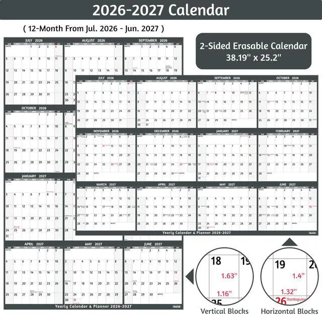 Alt view image 3 of 7 - Dry Erase Calendar 2026-2027 Large Yearly Wall calendar, 38.2'' x 25.2'', 2-Side Reversible Calendar 2026-2027, Vertical/Horizontal, Jul 2026 Jun 2027, Wall Calendar with Notes, Stickers Grey