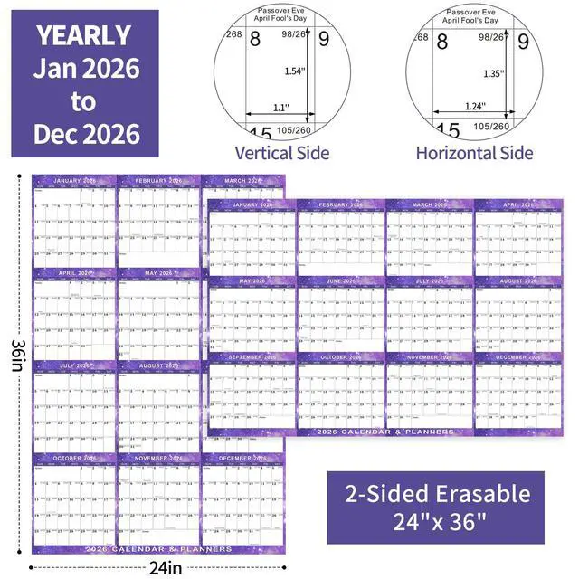 Alt view image 2 of 7 - 2026 Wall Calendar 24" x 36" Dry Erase Calendar for Wall from January 2026 to December 2026 12 Month Annual Large Yearly Wall Planner for Office School(Purple)
