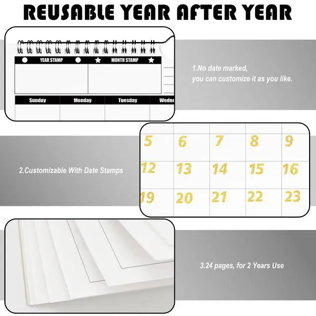 Alt view image 2 of 7 - undated wall calendar, 24-Month Calendar Planner&Number Stamps,11.8"x8.6"