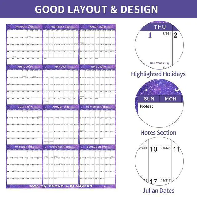 Alt view image 3 of 7 - 2026 Wall Calendar 24" x 36" Dry Erase Calendar for Wall from January 2026 to December 2026 12 Month Annual Large Yearly Wall Planner for Office School(Purple)