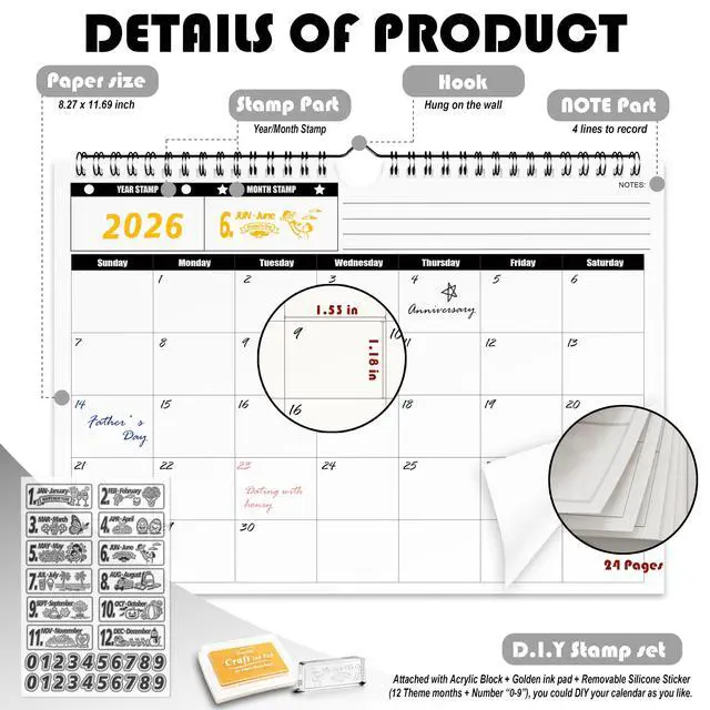 Alt view image 3 of 7 - undated wall calendar, 24-Month Calendar Planner&Number Stamps,11.8"x8.6"