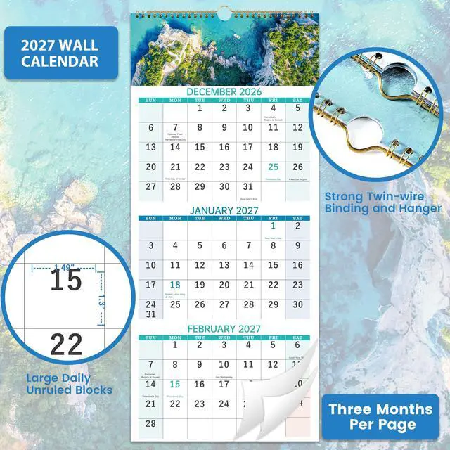 Alt view image 2 of 7 - 2027 Wall Calendar, 3-Month Wall Calendar 2027, Vertical Display, Foldable