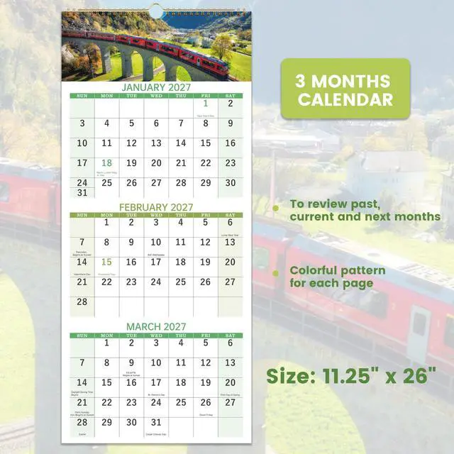 Alt view image 3 of 7 - 2027 Wall Calendar, 3-Month Wall Calendar 2027, Vertical Display, Foldable