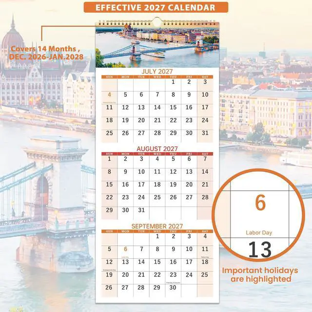 Alt view image 4 of 7 - 2027 Wall Calendar, 3-Month Wall Calendar 2027, Vertical Display, Foldable
