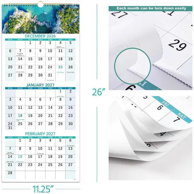 Alt view image 5 of 7 - 2027 Wall Calendar, 3-Month Wall Calendar 2027, Vertical Display, Foldable