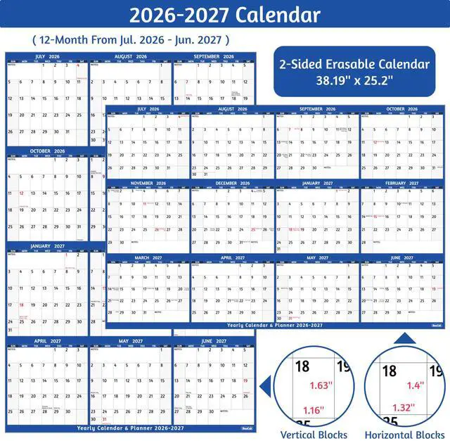 Alt view image 3 of 7 - 2026-2027 Dry Erase Calendar Large Yearly Wall calendar, 38.2'' x 25.2'', 2-Side Reversible Calendar, Vertical/Horizontal, Jul 2026 Jun 2027, 2026-2027 Wall Calendar with Notes, Stickers Blue