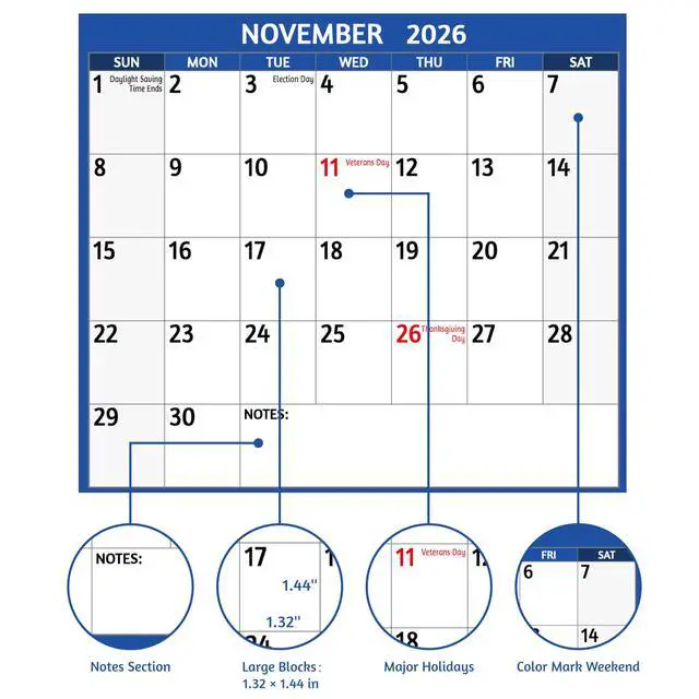 Alt view image 4 of 7 - 2026-2027 Dry Erase Calendar Large Yearly Wall calendar, 38.2'' x 25.2'', 2-Side Reversible Calendar, Vertical/Horizontal, Jul 2026 Jun 2027, 2026-2027 Wall Calendar with Notes, Stickers Blue