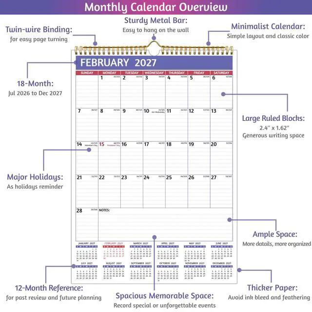 Alt view image 3 of 7 - 2026-2027 Wall Calendar - 2026-2027 Calendar, Jul 2026 - Dec 2027, 12'' x 17'' Large, 18 Monthly Calendar with Ruled Blocks, Yearly Overview, Thick Paper, Holidays, To-do Notes, Amply Writing Space