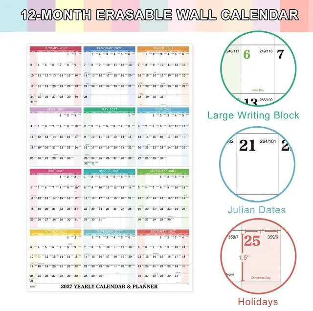 Alt view image 3 of 7 - 2027 Wall Calendar - Yearly Wall Calendar 2027, January 2027 - December 2027, 34.3" x 22.8" (Open), Vertical, Double-Sided Round Stickers, Blocks and Holidays - Beautiful Layout