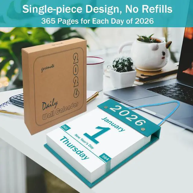 Alt view image 4 of 7 - 2026 Daily Wall Calendar, Page per Day with Large Print Dates, 365 Day Tear off Wall Calendar for Seniors Gift Home Office School Dorms, 8.5" x 6", Tear Away Calendars with Hanging String, Cyan