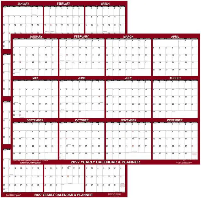 Main image of 24" x 36"2027 Wall Calendar Erasable Large Wet & Dry Erase Laminated 12 Month Annual Yearly Wall Planner, Reversible, Horizontal/Vertical, Burgundy