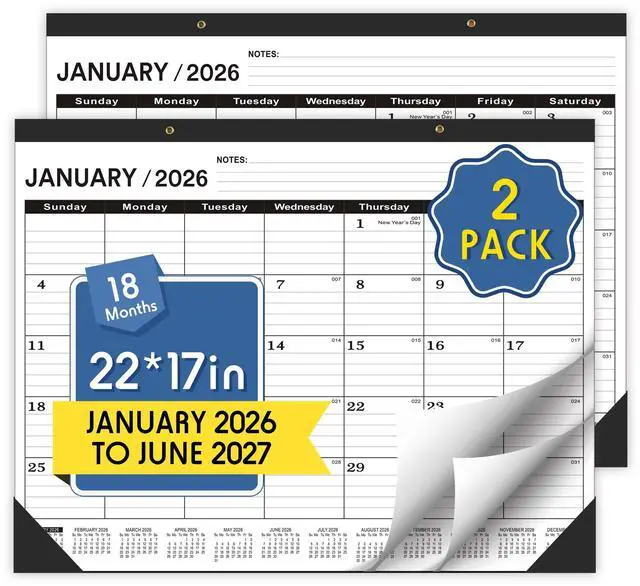 Main image of Desk Calendar 2026-2 PACK,January 2026 to June 2027,Desk calendar 2026-2027 Large 22x17, Calendar 2026 with PVC Cover,Round Holes& NOTES List (Black),18 Months 2026 Desk Calender.