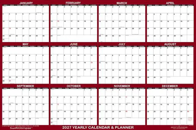 Alt view image 2 of 6 - 24" x 36"2027 Wall Calendar Erasable Large Wet & Dry Erase Laminated 12 Month Annual Yearly Wall Planner, Reversible, Horizontal/Vertical, Burgundy