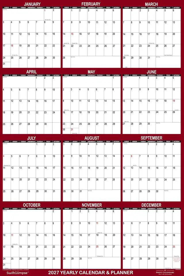 Alt view image 3 of 6 - 24" x 36"2027 Wall Calendar Erasable Large Wet & Dry Erase Laminated 12 Month Annual Yearly Wall Planner, Reversible, Horizontal/Vertical, Burgundy