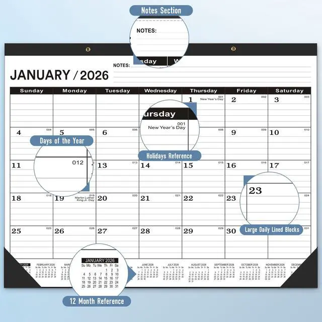 Alt view image 4 of 7 - Desk Calendar 2026-2 PACK,January 2026 to June 2027,Desk calendar 2026-2027 Large 22x17, Calendar 2026 with PVC Cover,Round Holes& NOTES List (Black),18 Months 2026 Desk Calender.