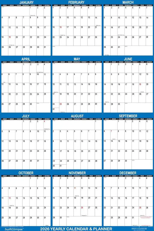 Alt view image 3 of 5 - 18" x 24" SwiftGlimpse 2026 Wall Calendar Erasable Large Wet & Dry Erase Laminated 12 Month Annual Yearly Wall Planner, Reversible, Horizontal/Vertical, Navy