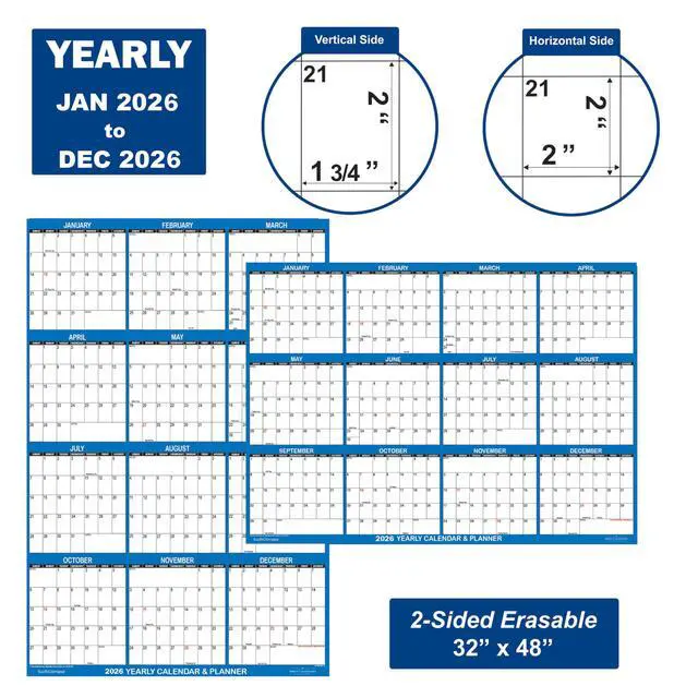 Alt view image 4 of 6 - 32" x 48" SwiftGlimpse 2026 Wall Calendar Erasable Large XL Wet & Dry Erase Laminated 12 Month Annual Yearly Wall Planner, Reversible, Navy