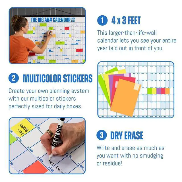 Alt view image 4 of 5 - Academic Year Wall Calendar July 2026 to June 2027 Dry-Erase Includes 1 Marker & 100 Labels Lightweight, Easy to Hang Yearly Calendar Year at a Glance Plan Big Goals & Adventures Gray