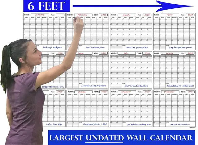 Alt view image 2 of 4 - 48" x 72" Large Jumbo Oversized Erasable Laminated Blank Annual Yearly Wall Calendar Poster, 12 Months, Reusable for Office, Academic or Home