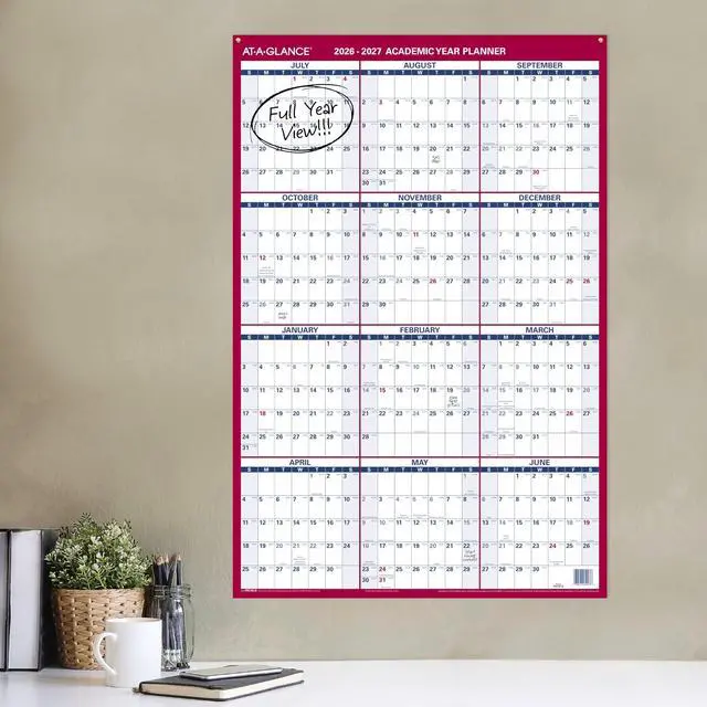 Alt view image 2 of 5 - Dry Erase Calendar 2026-2027 Academic & Regular Year Wall Planner, 12-Month, 24" x 36", Double Sided, Vertical (PM210S28)