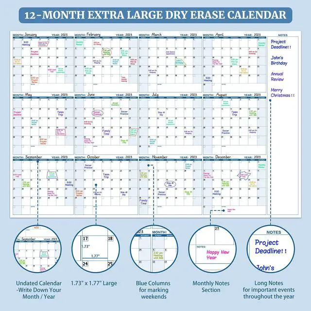 Alt view image 3 of 7 - Large Dry Erase Calendar for Wall Yearly Wall Calendar Dry Erase, 37" x 57.9", 12-Month Undated Blank Calendar Planner, Reusable Laminated Task Organizer with Note, Great for Office, Classroom, Home