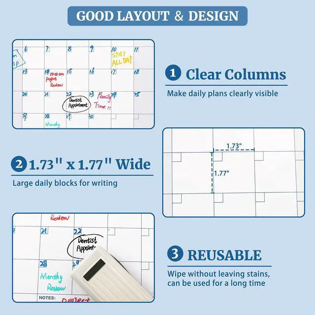 Alt view image 4 of 7 - Large Dry Erase Calendar for Wall Yearly Wall Calendar Dry Erase, 37" x 57.9", 12-Month Undated Blank Calendar Planner, Reusable Laminated Task Organizer with Note, Great for Office, Classroom, Home
