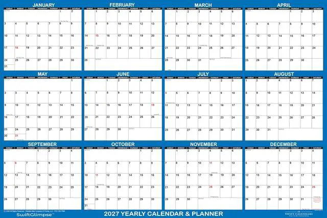 Alt view image 2 of 4 - 24" x 36" SwiftGlimpse 2027 FOLDED Wall Calendar, Large Erasable UV Coated, 12 Month Annual Yearly Wall Planner, Reversible, Horizontal/Vertical (FOLDED NAVY)