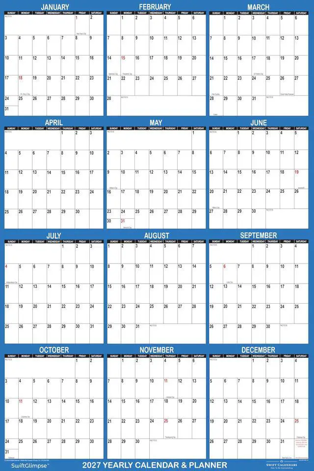 Alt view image 3 of 4 - 24" x 36" SwiftGlimpse 2027 FOLDED Wall Calendar, Large Erasable UV Coated, 12 Month Annual Yearly Wall Planner, Reversible, Horizontal/Vertical (FOLDED NAVY)
