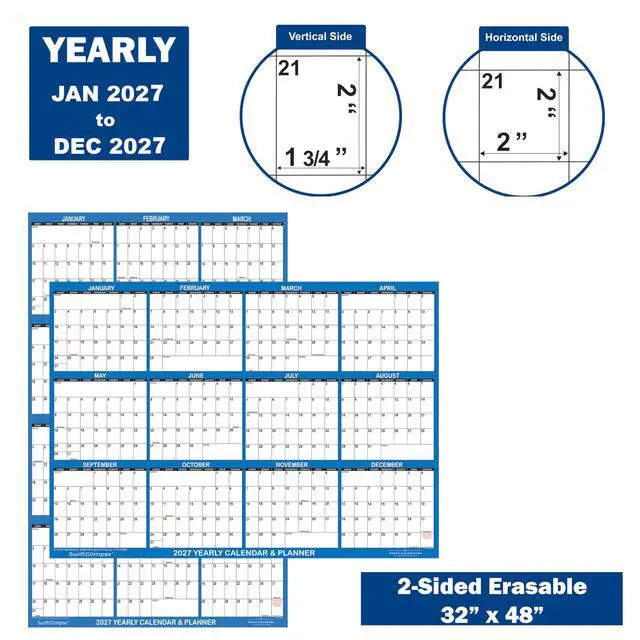 Alt view image 4 of 4 - 32" x 48" SwiftGlimpse 2027 Wall Calendar Erasable Large XL Wet & Dry Erase Laminated 12 Month Annual Yearly Wall Planner, Reversible, Navy (2-PACK)