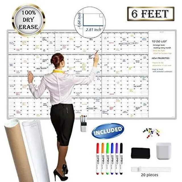 Alt view image 2 of 7 - Large Reusable Dry Erase Yearly Wall Calendar - Jumbo Premium Laminated 12 month Task Organizer - 38"x72" Undated Annual Planner for Home, Office, School Projects