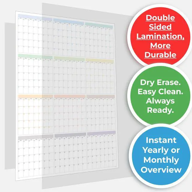 Alt view image 3 of 7 - Large Wall Calendar Undated (39 x 27 inches) Double Sided Dry Erase Yearly & Monthly Wall Calendar, Big Erasable Planner for Home, Office, Classroom, Thick Paper with Gloss Lamination, Full Year View.