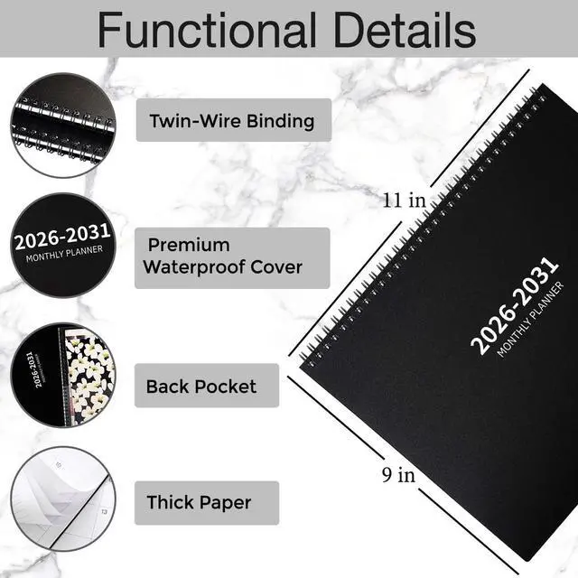 Alt view image 5 of 7 - 2026-2031 Monthly Planner - 5 Year Planner/Calendar 2026-2031, Jul 2026 - Jun 2031, 9" x 11", Tabs, 60 Months Flip Calendar, Spiral Bound Top, Black