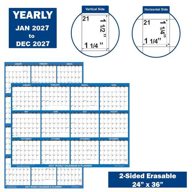 Alt view image 4 of 4 - 24" x 36" SwiftGlimpse 2027 FOLDED Wall Calendar, Large Erasable UV Coated, 12 Month Annual Yearly Wall Planner, Reversible, Horizontal/Vertical (FOLDED NAVY)