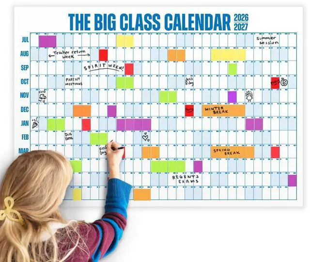 Main image of Class School Year Dry Erase Wall Calendar July 2026 to June 2027 Year-at-a-Glance for Classrooms & Home Includes Labels & Marker Easy Hanging, Shaded Weekends Blue, 4x3