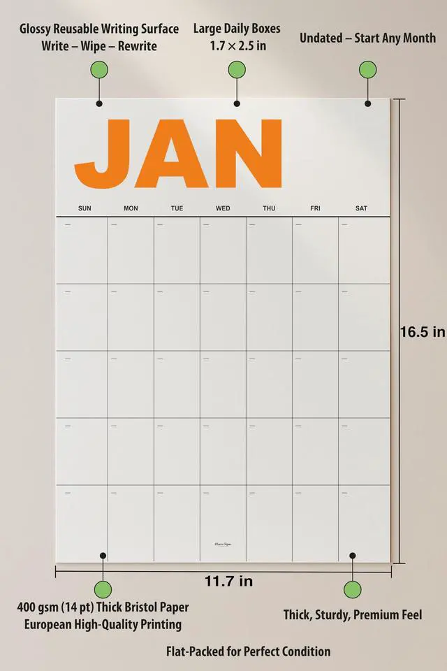 Alt view image 2 of 4 - Dry Erase Undated Wall Calendar 12 Color-Coded Monthly Prints, A3 Size , Premium 400 gsm (14 pt) Thick Bristol Paper, Large 1.7 × 2.5 in Daily Writing Boxes, Glossy Reusable Surface